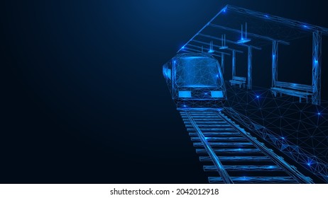 The train is at a stop point. Railway station. Polygonal construction of interconnected lines and points. Blue background.