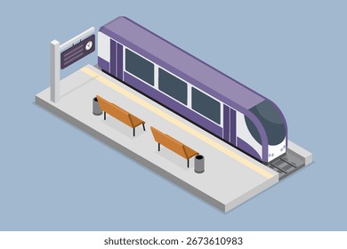 Tren parando en una plataforma de la estación. Concepto de transporte. Ilustración vectorial isométrica plana 3D.