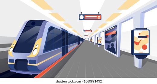 Train at subway station background. Modern metro platform vector illustration. Public transport interior of underground in city. Horizontal cityscape panorama with ad banners.