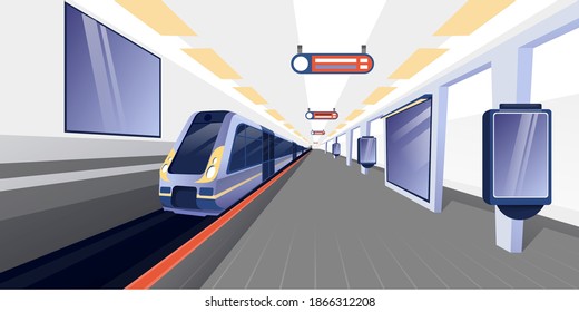 Train At Subway Station Background. Modern Metro Platform Vector Illustration. Public Transport Interior Of Underground In City. Horizontal Cityscape Panorama With Ad Banners.