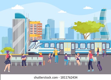 Zug in U-Bahn-Station in U-Bahn, moderne Fährstation, Stadtverkehr Vektorgrafik. Eisenbahn in der Stadt mit Fahrgästen. U-Bahn-Station in der Stadtmitte mit Wolkenkratzern.