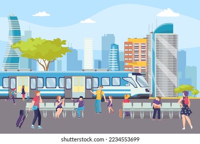 Train in subway station in metro underground, modern ferry station, urban transport vector illustration. Railroad in city.