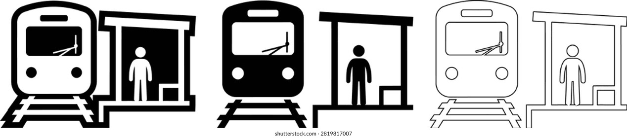 Train and subway station platform icons with platform transportation commuter passenger illustration silhouette movement
