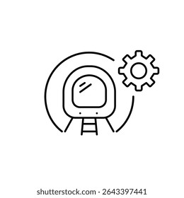 Tren en túnel de metro y rueda dentada. Configuraciones del sistema de metro, control de las operaciones ferroviarias, mantenimiento del transporte, gestión de la red ferroviaria, optimización del transporte público. Pixel perfecto, trazo editable 
