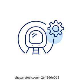 Train in subway tunnel and cogwheel. Subway system settings, train operations control, transit maintenance, rail network management, public transportation optimization. Pixel perfect, editable stroke 