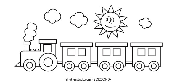 train and sun, locomotive with three wagons, coloring page, vector illustration,