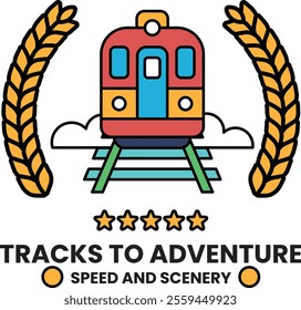 The train is surrounded by a wreath of leaves