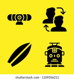 train, switch, surfboard and webcam vector icon set. Sample icons set for web and graphic design