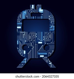 Train symbol with a technological electronics circuit. Blue background.