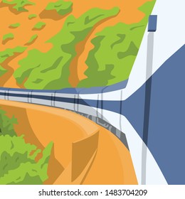 Train Takes a Turn. Vintage Vector Illustration