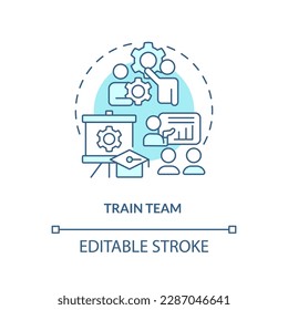 Icono de concepto turquesa del equipo de trenes. Aumentar la productividad. Entrenadores empleados abstract idea ilustración de línea delgada. Dibujo de contorno aislado. Trazo editable. Fuentes Arial, Myriad Pro-Bold utilizadas