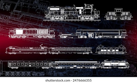 Train technical drafting with line art drawing style