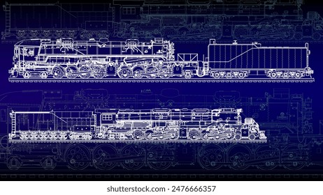 Train technical drafting with line art drawing style