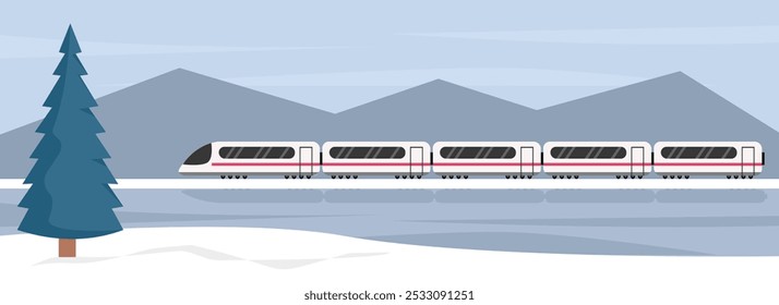 Train through the snow. Train illustration. Winter through the mountain. Public transportation. Train in the winter season. Subway in the winter season. Tram public transport. Winter scenery.