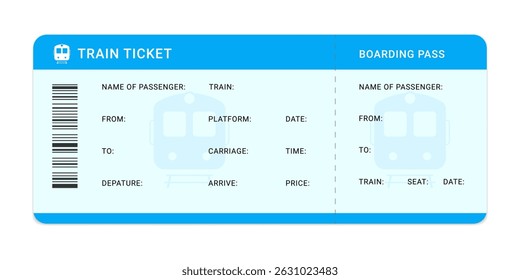 Train Ticket Boarding Pass Vector Template for Travel and Transportation. Railway Travel Ticket and Boarding Pass design on blue background, train, ticket,
