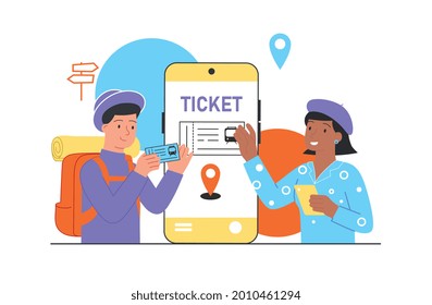 Train ticket concept. Traveler man buying, booking train ticket online using smartphone. Conductor checks the pass to the vehicle. Cartoon flat vector illustration isolated on a white background