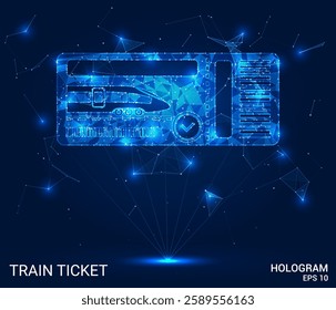 Train ticket hologram. Train ticket is made of polygons, triangles, dots, and lines. Train ticket is a low-poly compound structure. Technology concept vector.