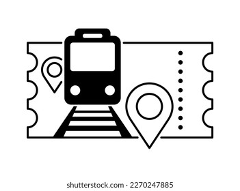 Train ticket icon - passenger transportation service pictogram with Locomotive silhouette and location pins