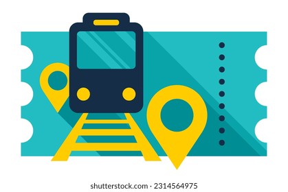 Train ticket icon - passenger transportation service color pictogram with Locomotive silhouette and location pins