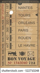 Train Ticket Retro Vector Illustration With Destinations In France