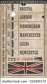 Train ticket retro vector illustration with England cities and popular destinations in Great Britain.