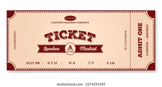 Train ticket template in beige and brown. For excursion routes, cinema, retro parties and clubs and other projects and other vintage style projects. For web and print.