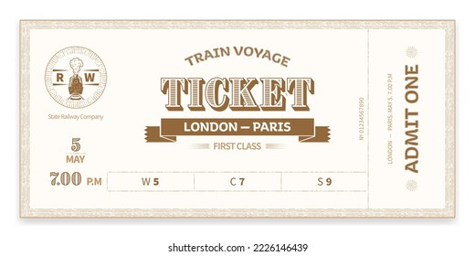 Train ticket template in vintage style, dark. For train tours, excursions, retro parties, clubs and other projects. Vector, can be used for printing.