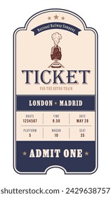 A train ticket template in a vintage style in dark blue and red colors with golden accents. For excursion routes, retro parties and clubs and other events. Vector, can be used for printing.