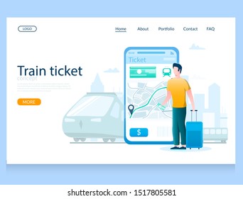 Train ticket vector website template, web page and landing page design for website and mobile site development. Traveler man buying, booking train ticket online using smartphone.