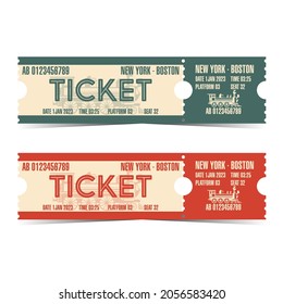 Train ticket vintage concept design. Retro railway boarding ticket vector template illustration. Tear-off old western rail train ticket with locomotive on background.