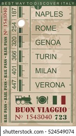 Train ticket vintage vector image on old paper background with popular destinations and cities in Italy.