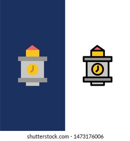 Train, Time, Station  Icons. Flat and Line Filled Icon Set Vector Blue Background