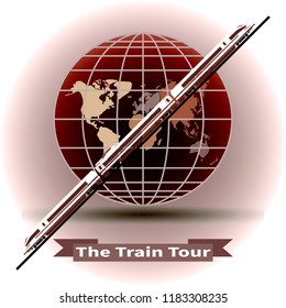 Train tour. Modern train on a globe background. Time to travel round-world. Trendy concept for infographics, catalogs, information. Globe and Train vector illustration. Theme of tourism and recreation
