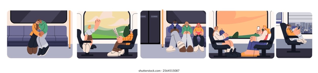 Train tourist. Passengers travel. Railway transport. Happy characters sitting on seats. Railroad way. People in trip looks out of window. Rail carriage interior. Journey comfort. Vector travelers set