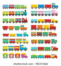 Train toy children icons set. Flat illustration of 16 train toy children vector icons for web