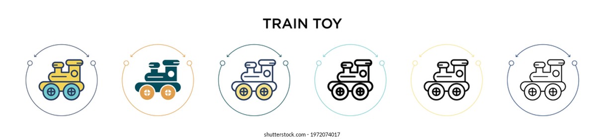 Train toy icon in filled, thin line, outline and stroke style. Vector illustration of two colored and black train toy vector icons designs can be used for mobile, ui, web