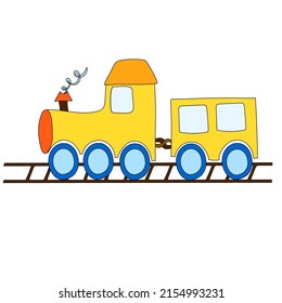 Train Toy. Locomotive For Kid. Cartoon Engine, Wagon, Wheels And Railway For Child. Train Isolated On White Background. Cute Icon For Holiday, Birthday And Shop. Transport Children Game. Vector.