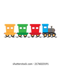 Train toy. Locomotive for kid. Cartoon engine, wagon, wheels and railway for child. Train isolated on white background.