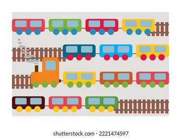 Train Toys Pattern. Locomotive For Kid. Cartoon Wagon, Wheels And Railway For Child. Train Isolated On Gray Background. Cute Icon For Holiday, Birthday And Shop. Transport Children Game. Vector.