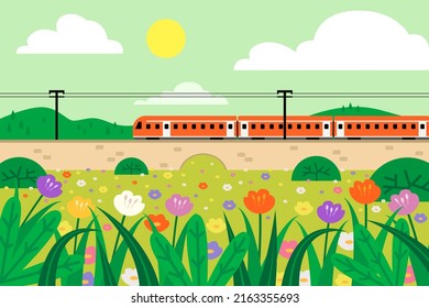 Train Track Passing Through a Field of Flowers
