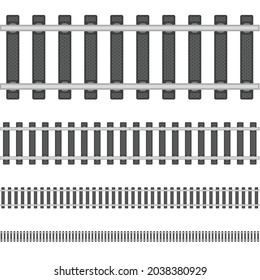 Train track or railroad, different lengths, isolated on white background. Rails set, railway construction elements seamless pattern. Top view. Rail patterns, railroad path texture. Vector EPS 10.