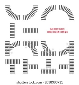 Train track or railroad set in flat style. Top view. Curvy and straight rails set, railway construction elements isolated on white background. Rail pattern round circular curve railroad path icons.