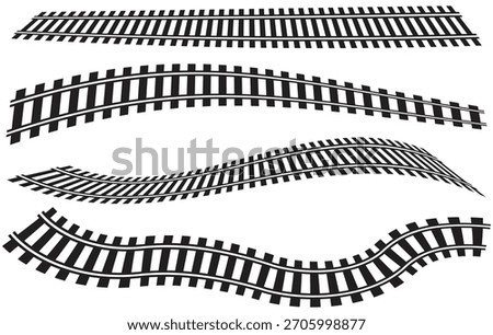 Train track railway. Rail line road subway map set icon. Collection of Black and White Train Track Illustrations. Curved Design Elements.