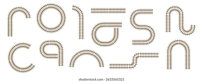 Train track railway segments in various forms. Rail road pattern bundle with straight and curved railroad elements. 3D circular line layout collection for maps and freight schemes. Vector.