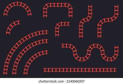 Train track set. Curved railroad isolated on background. Transportation and railway concept. DIY set of railway tracks in different shapes.