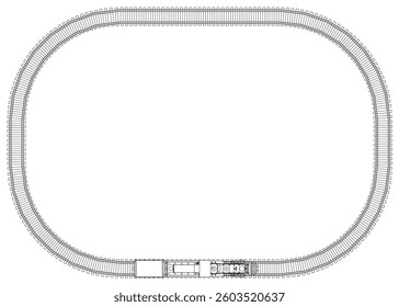 A train track is shown in a black and white photo. The track is oval in shape and he is a model train track