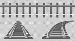 Train Track, Straight And Turn Railway In Top And Perspective View. Vector Realistic Set Of Tram Line, Road For Locomotive And Wagons With Rails, Fastening And Concrete Ties