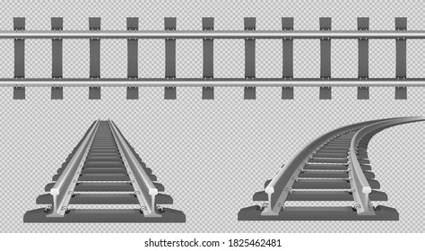 Train track, straight and turn railway in top and perspective view. Vector realistic set of tram line, road for locomotive and wagons with rails, fastening and concrete ties