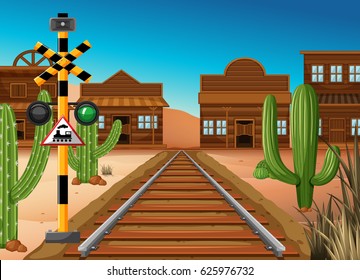 Train track through western town illustration