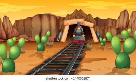 Train tracks in desert illustration